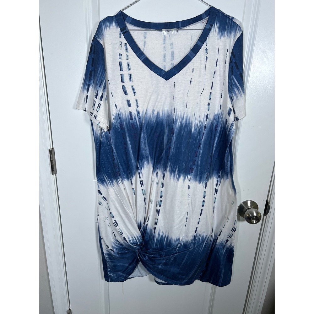 Locryz Womens T-Shirt Dress Blue White Tie Dye Twist Front Size XL